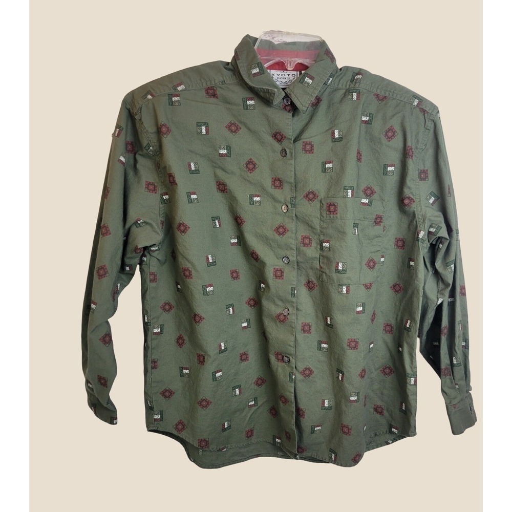 Kyoto Kasuals Button Front Shirt Vintage Boho Geometric Cotton Olive Green Large